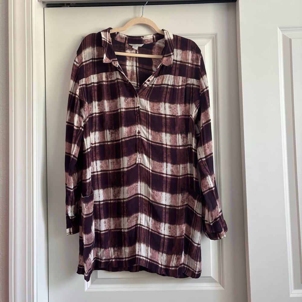 Garnet Hill Women’s‎ Tunic Popover Top Sz 14 Plaid Crepe Burgundy Contemporary